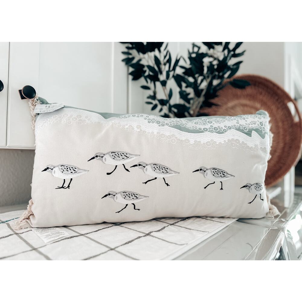 Whispers in the Foam Beach Sandpipers Embroidered Lumbar Pillow coastal decor - Picture 2 of 7